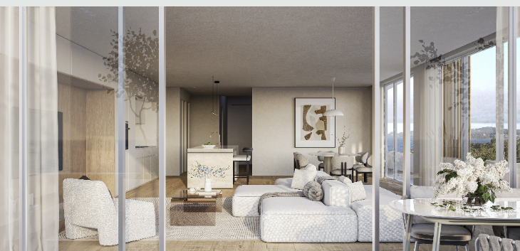 The Jewel, Soldiers Point — Open-plan living and kitchen viewed through full-height glazing