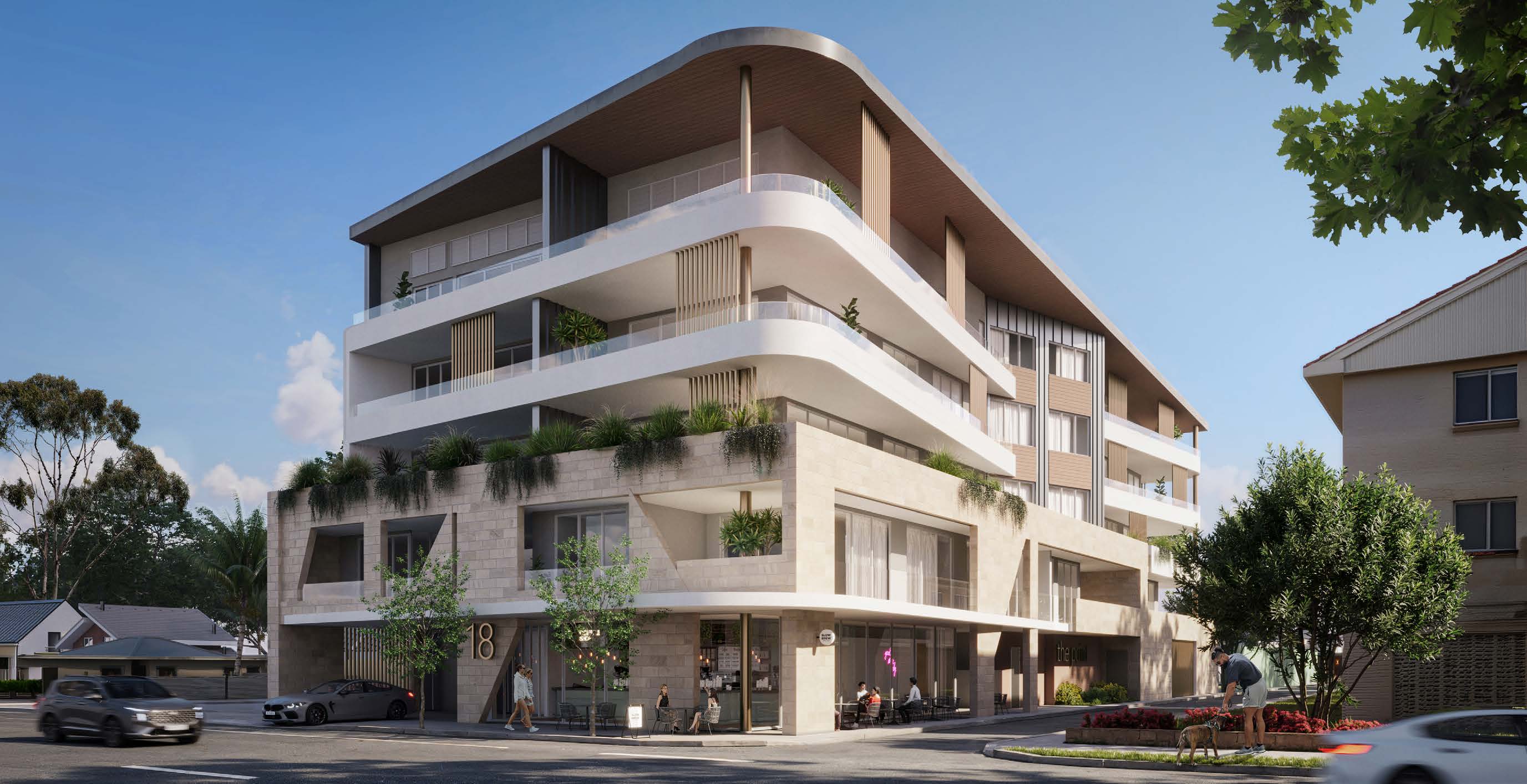 Render of The Jewel viewed along the approach, showing stepped balconies and its natural material palette