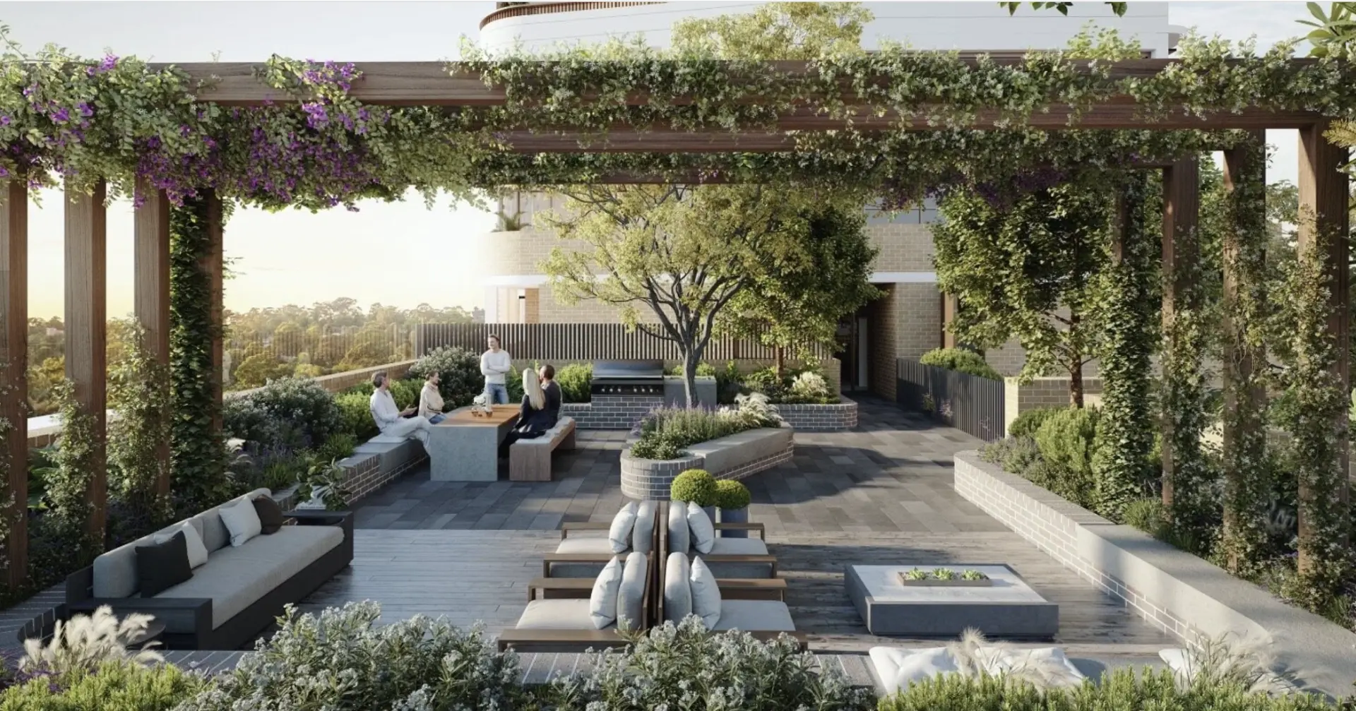 Earlier residential — Rooftop garden terrace with communal dining and lounge