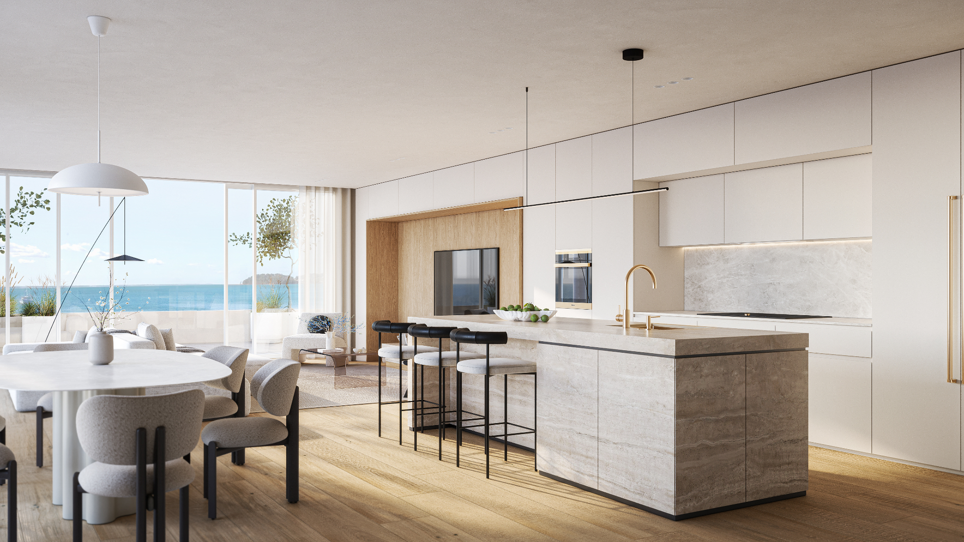 The Jewel, Soldiers Point — Kitchen and dining opening to the terrace
