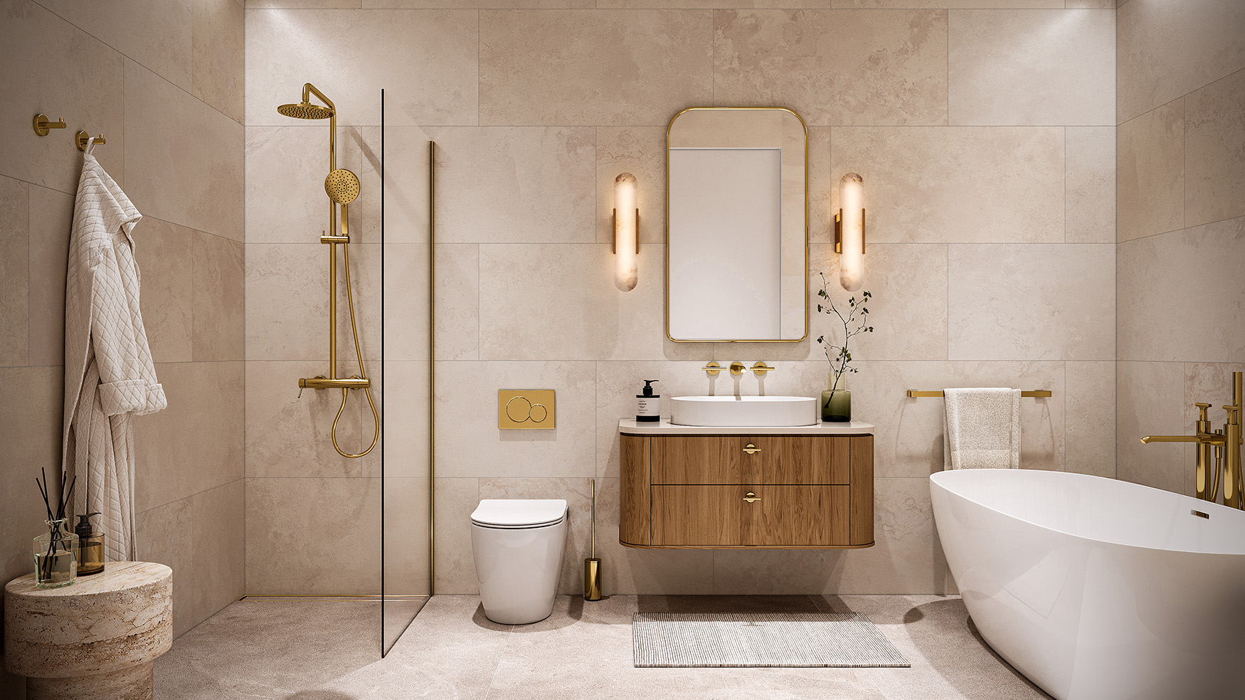 The Jewel, Soldiers Point — Bathroom in stone look tiles with brushed brass detail