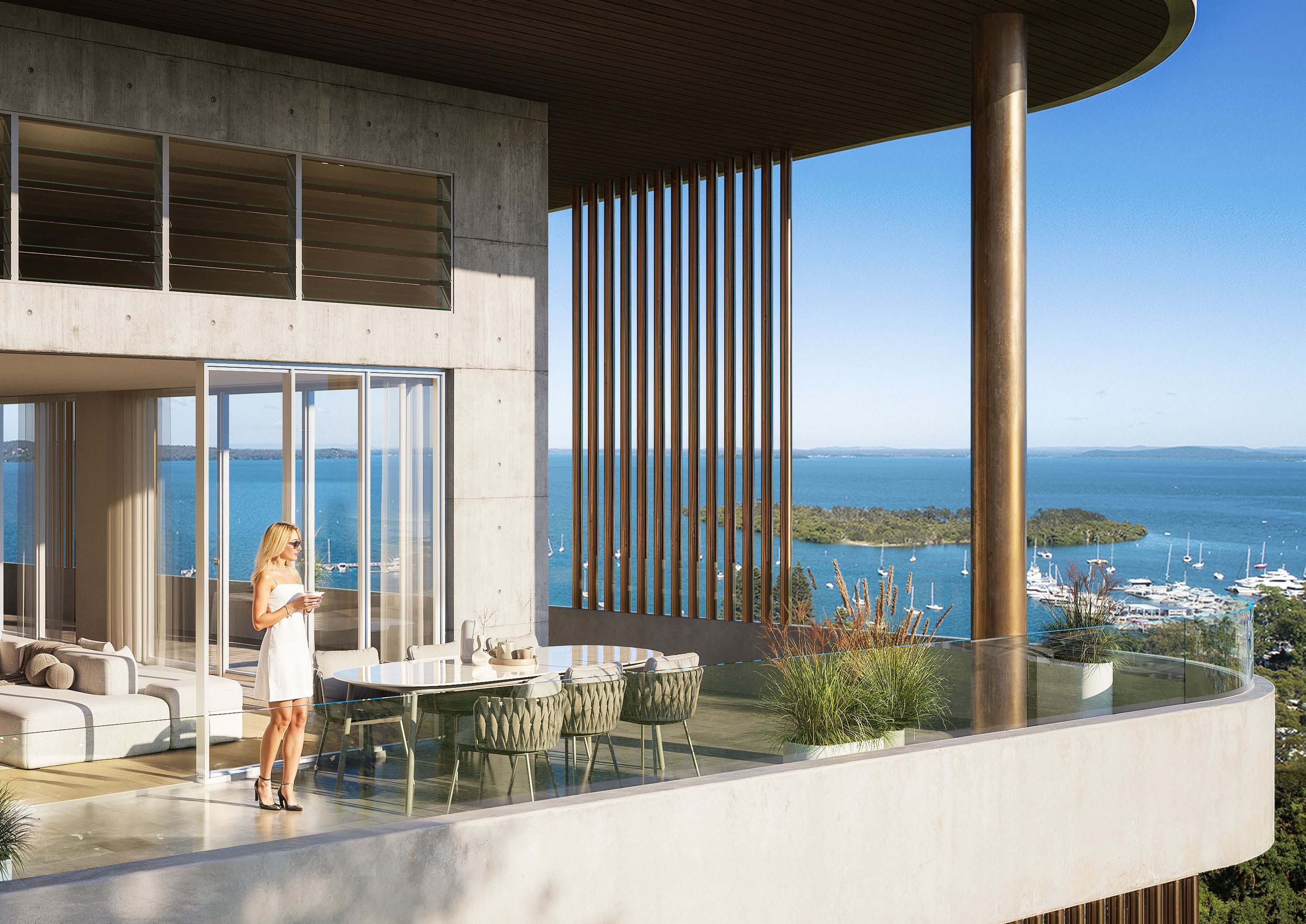 Terrace overlooking the bay at The Jewel, Soldiers Point, by Dimora Projects